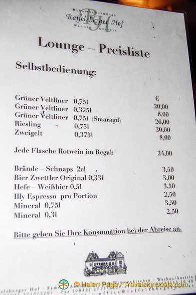 Price list of Raffelsberger Hof's Lounge which works on an honour system