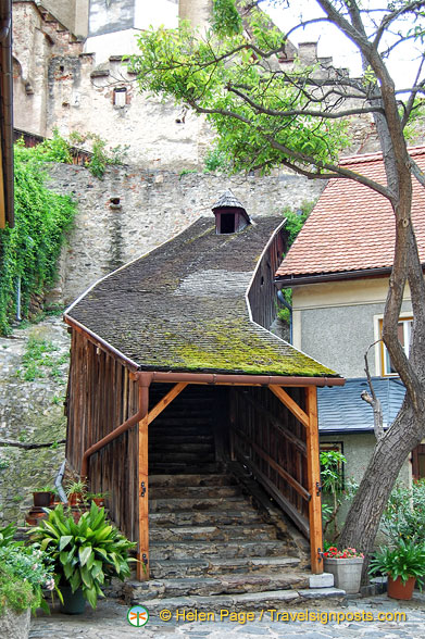 Covered passageway up to the white church