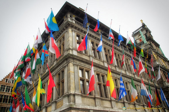 The flag-drapped Antwerp City Hall