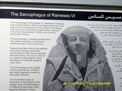 Fragments of the Sarcophagus were found in the king's tomb and elsewhere in the valley.
[Rameses VI - Valley of the Kings - Egy