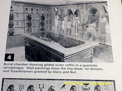 Burial chamber showing gilded outer coffin in a quartzite sarcophagus.
[Tutankhamen - Valley of the Kings - Egypt]