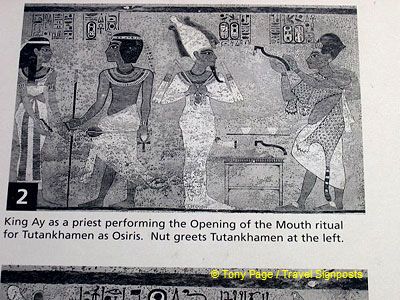 King Ay, as a priest, performing the Opening of the Mouth ritual for Tutankhamen.
[Valley of the Kings - Egypt]