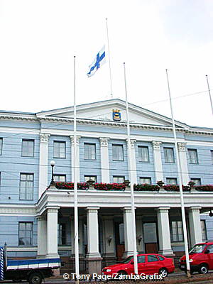 Helsinki Town Hall with its flag at half-mast in memory of the September 11 victims