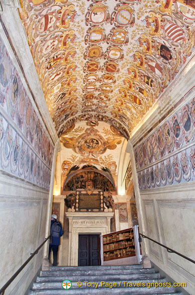 Highly decorated walls and ceiling of the staircase to the Anatomical Theatre