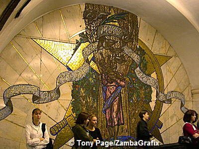 Large mosaics like this decorate the walls symbolising aspects of Russian life