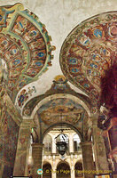 Decorated walls and ceiling of the Archiginnasio of Bologna, lower portico