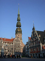 Petera Baznica (St Peter's Church) towers over the Ratslaukums square.