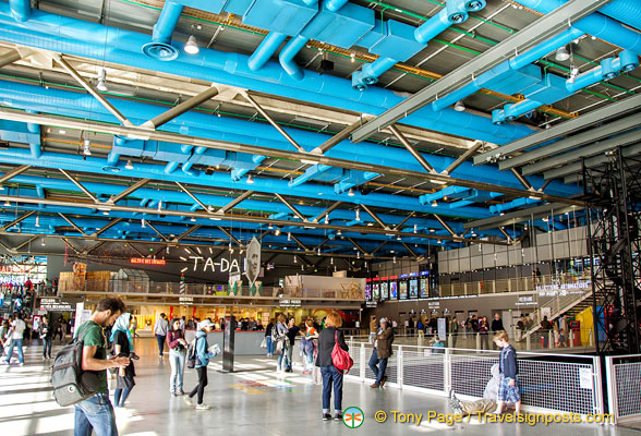 Ground floor public area of Centre Pompidou with cinema, shops and cafes